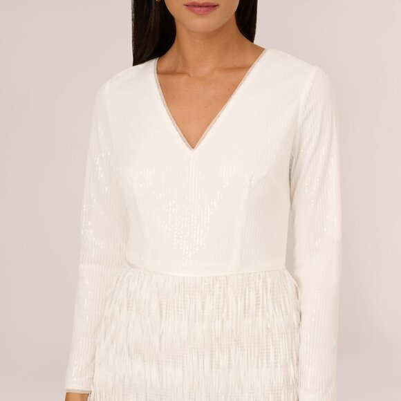 Adrianna Papell Long Sleeve Sequin Fringe Cocktail Dress In Ivory Size 4Ivory / - Picture 3 of 3
